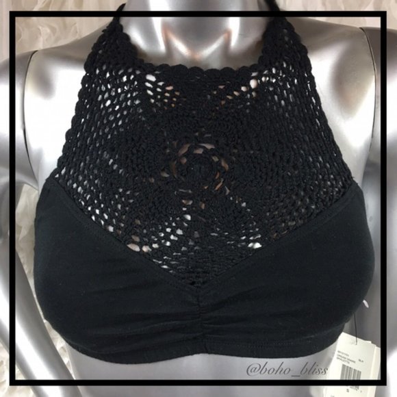 VOLCOM | Black Crochet Flower Halter Top Bralette NEW - Picture 3 of 9
